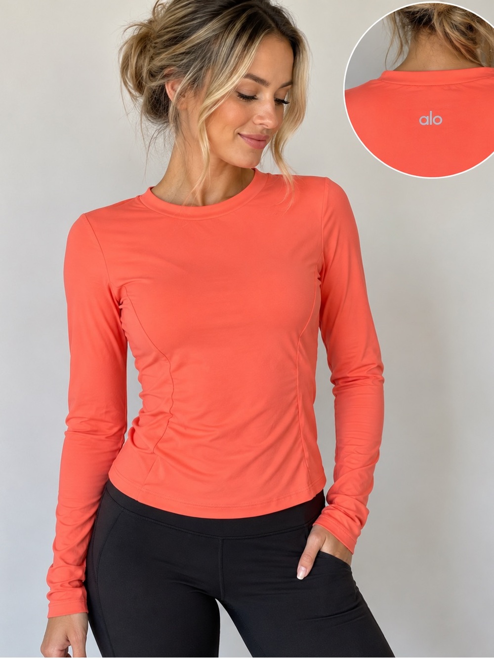 162 Alo Yoga Coral Orange Long Sleeve Performance Fitted Top Size Medium
